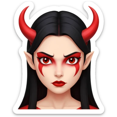 Head only demon girl, strong pronounced cheekbones, sharp angular jawline, skin fully pure red everywhere, long straight sleek black hair, small ho sticker