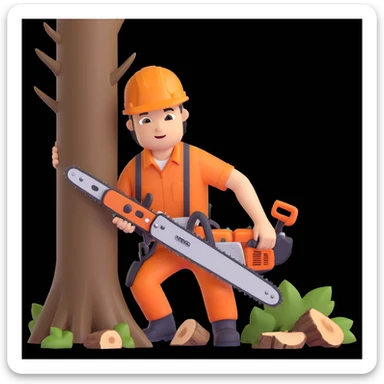 professional arborist cutting down a large tree with chainsaw, wearing safety helmet and protective gear. Scene includes detailed tree trunk, falling wood pieces, forest background, dynamic movement, and emphasis on expertise and safety in tree removal sticker