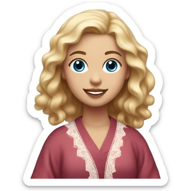 a girl with light wavy hair just below her shoulders, with blue eyes, full lips, pink cheeks, plump skin, in a lace burgundy robe with a smile sticker