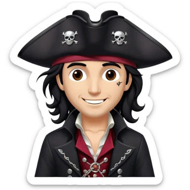 A charismatic pirate with wavy black hair that falls just past his shoulders, tousled slightly by the sea breeze. He wears a black tricorn hat with subtle silver embroidery along the edges, casting a shadow over his sharp, confident features. His piercing dark eyes glint with mischief as he gazes to the side, a knowing smile playing at his lips. His well-fitted black coat, adorned with polished silver buttons and intricate stitching, moves slightly with the wind, revealing glimpses of a deep-crimson waistcoat underneath. A silver chain dangles from his belt, catching the dim golden light of the setting sun. His posture is relaxed yet assured, exuding effortless charm as if he owns the sea itself. sticker