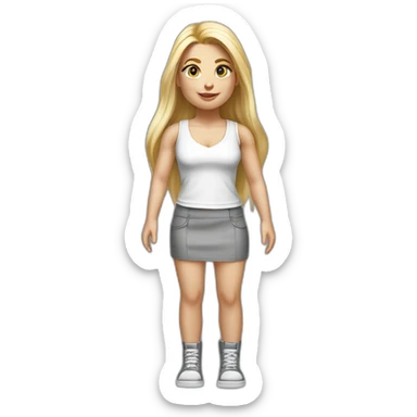 hyperrealistic caucasian blonde, long straight hair, white deep v-neck crop tanktop, gray tight mini skirt, walking body view sticker