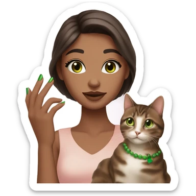 A girl with green eyes and dark brown straight hair, and makeup nude lipstick  and eyelashes, slightly tanned, oval light pink fingernails ,white top, holding a brown tabby cat with green eyes  sticker