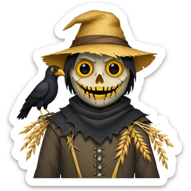 Scarecrow, Torn clothes, stitched mouth, glowing eyes, crow perched on shoulder. sticker
