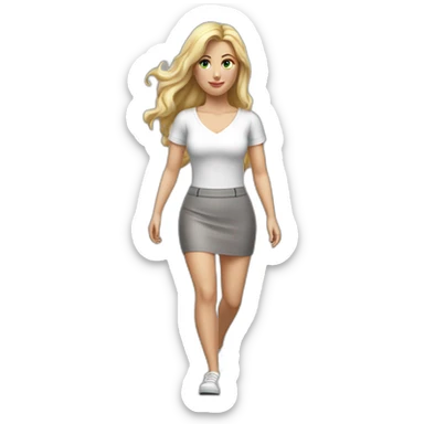 hyperrealistic caucasian long blonde woman white v-neck top gray tight mini skirt walking to camera sticker