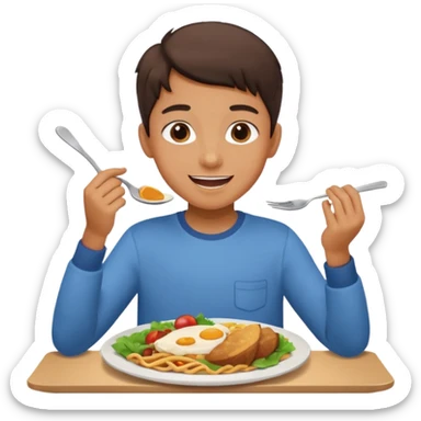 middle school student eating a meal at a table, happy expression, plate of food sticker