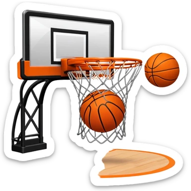 A close-up shot of a basketball entering the hoop, with the ball swishing through the net. The background features a blurred basketball court, emphasizing the perfect shot and the excitement of the game. sticker