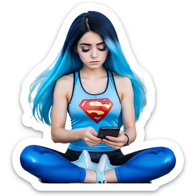 Shameful disappointed crying-very very very very big chest-texting on a samsung cell phone-very long straight flowing black to sky blue hair ombre-blue eyes-black eyeliner-long eyelashes-plastic sparkling sky blue very low cut tank top with sparkling superman logo-black leggings-nike sneakers sticker