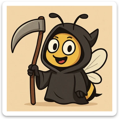 cartoon bee reimagined as a friendly grim reaper, with a cloak and bee antennae sticker