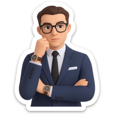 Add stylish glasses to the thoughtful businessman, keeping the luxury watch visible and the expression contemplative and curious, with a clean background. Maintain a clean background and focus on the glasses and expression enhancement. sticker