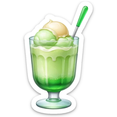 Create an emoji with a clear rounded glass, bright transparent green soda, vanilla ice cream scoop
 sticker