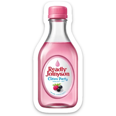 realistic Johnson and Johnson style bottle pink cap pink label clear bottle with berry party written on the logo with diddy logo bottle leaking oil from the top sticker