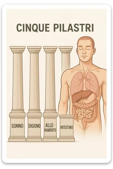5 pilastri con le scritte "SONNO", "DIGIUNO", "ALLENAMENTO", "INTESTINO", DAVANTI UN CORPO UMANO ANATOMICO CON OCCHI CHIUSI IN SALUTE, SFONDO CHIARO IN ITALIANO sticker