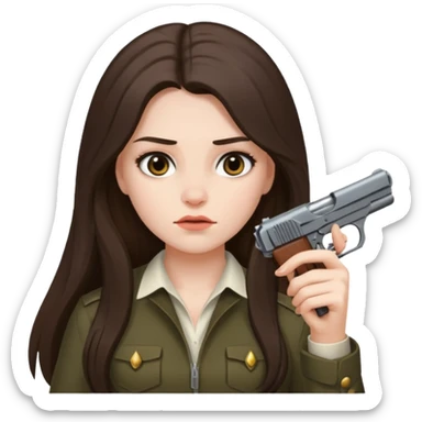 A brunette with long hair girl who is about to kill herself with a littlr gun pointed at her temple sticker