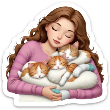 girl with long wavy brown hair, brown eyes, long lashes makeup, sexy pink lips, light to medium complexion,  sleeping on a cozy pillow, with 6 cats: 1 brown and white tabby cat, 1 ginger and white, 2 grey and white, 1 grey with white mittens and small white patch on chest and 1 calico, sleeping sticker