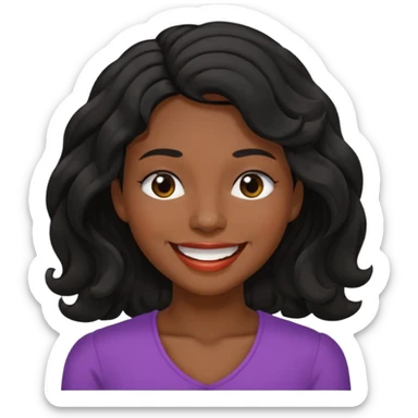 Happy face with big smile showing teeth,  dark brown skin color black women wavy hair shoulder length, eyes slightly closed sticker