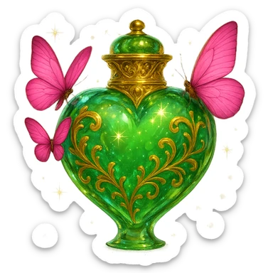 Add subtle magical effects around the bottle: glowing, stars, light dust, or delicate magical ornaments to make the bottle look more impressive. Keep the clear crystal effect, green heart shape, golden details, pink butterflies attached to the bottle, transparent background, beautiful merging bottom, floating in the air, and a small crown as the stopper on top. The design should be elegant, bright, with no base or shadow. Maintain the original style and elegance of the bottle while enhancing the magical atmosphere. sticker