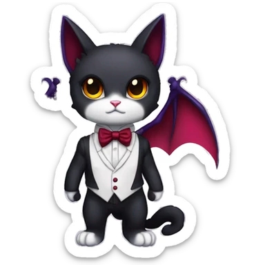 Cute-Edgy-Vampiric-Batty-Cat-Black-Purple-Red-Yellow-Contrast-Colors-Fantasy-Fur-Sona-Chibi-Shiny-Fakémon-Hybrid with horns and big fangs neck bow white tie leg spats full body sticker
