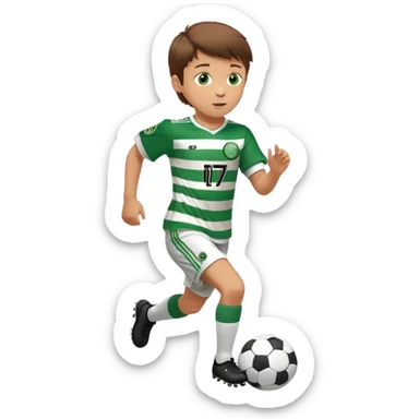 Celtic footballer jersey logo  6 years old brown hair white boy , stripes uniform , RUNNING  with soccer ball # 17 celtic football logo PUT ONLY ONE LOGO sticker