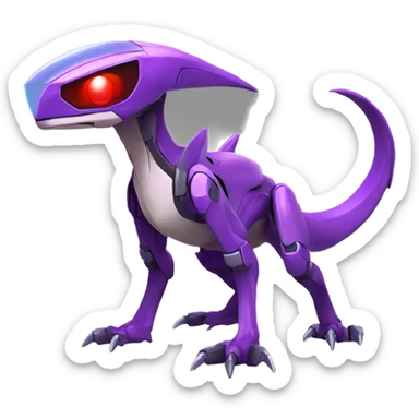 a purple-green-red Genesect-Raptor-Fakémon—hybrid with a futuristic visor-helmet full body sticker