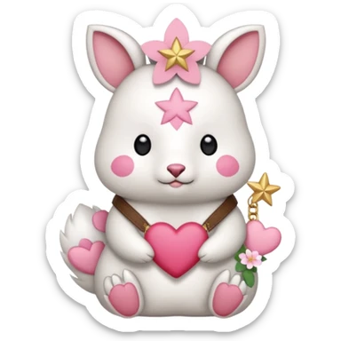 GENERATE ME A MOMONGA WHITE ANIMAL  FROM CHIIKAWA AND PUT A SAKURA FLOWER ON HIS HEAD AND A STAR PELT ON HIS BELLY AND A HEART PURSE ON HIS ARM WITH HIS FACE sticker