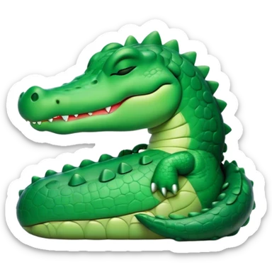 Meme-Worthy Cute Sleeping Crocodile Portrait Emoji, Head resting peacefully with a contented smile, showcasing a robust, powerful build and a luxuriously soft textured emerald-green hide, eyes shut in a serene, restful nap, Simplified yet hilariously adorable features, highly detailed, glowing with a soft, drowsy light, high shine, relaxed and utterly lovable, stylized with an air of playful laziness, bright and heartwarming, soft glowing outline, capturing the essence of a comically sleepy crocodile, so meme-worthy it feels like it could instantly become the next viral sensation of adorable reptilian slumber! sticker
