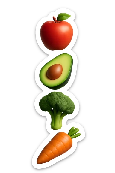 emoji stile iphone in 3d di cibo sano che fluttua in aria vericalmente, iperrealistico 4k sticker