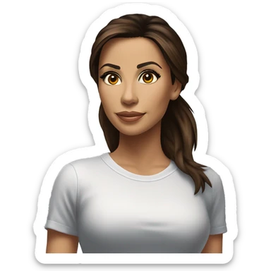 3/4 face, contrasted, shadow, light, Eva Longoria expression, standing from a distance, thin nose, brunette woman, hazel eyes, long eyelashes, dark shoulder shaded hair, white t-shirt, jeans, white sneakers sticker