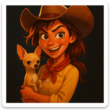 Portrait of a tanned female cowboy with freckles, brown hair with auburn highlights, rebellious and playful expression, Pixar art style, holding a beige-brown chihuahua, dark background, bright illustration, large expressive eyes, vivid colors sticker