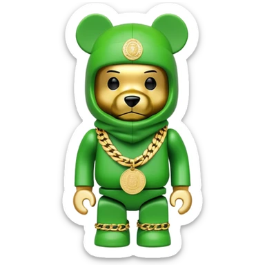 geometric bearbrick with lime balaclava filled with street brand logos graffiti style, wearing multiple heavy gold chains, cuban links and gold medallion, hip hop style sticker
