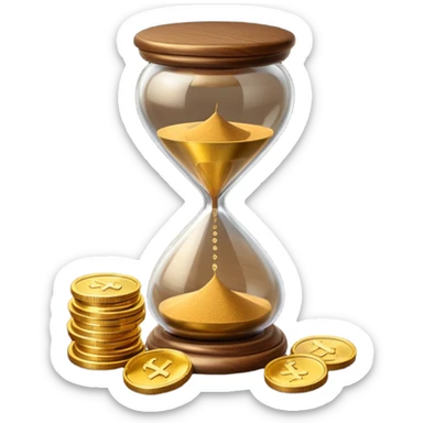 Realistic 3D render of a stack of shiny gold coins with brown hourglass beside it. The hourglass has transparent glass with dark golden-brown sand flowing inside and warm brown top and base. Soft lighting, clean white background, smooth shadows, high detail, symbolizing time and wealth. sticker