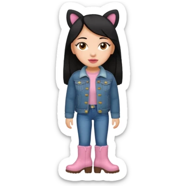 Gordita, ojos pequeños de color cafe oscuro, labios pequeños y rosados, piel trigueña, orejas pequeñas, cabello largo lazio y negro, pequeña. cuerpo completo. vestida con saco de lana jean y botas color café sin orejas sticker