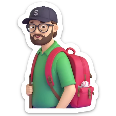 adventurer with backpack, small beard, glasses and backwards baseball cap sticker