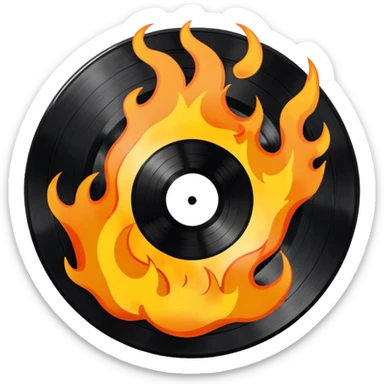 a black vinyl record white sticker and flames  sticker