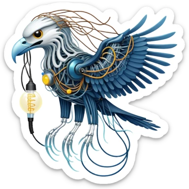 A high-tech eagle made of electric wires and cables with rubber scales that reveal its electric skeleton, possessing both jellyfish-like tendrils and the ability to generate electrical pulses that illuminate the ocean depths. sticker