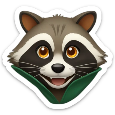 brown raccoon with orange eyes and a dark green hood that is laughing sticker