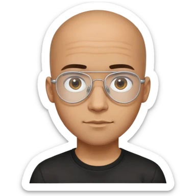 Young Latino man with small oval face and big forehead, clear lens aviator-style eyeglasses with metal frames, completely bald/shaved sides with very short curly dark hair only on top of head, neutral-friendly expression, brown skin, wearing a black t-shirt sticker