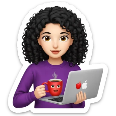 young Persian woman, 20 years old, black curly hair, wearing a sweater, coffee mug beside laptop, cheerful, 3D Apple emoji style sticker