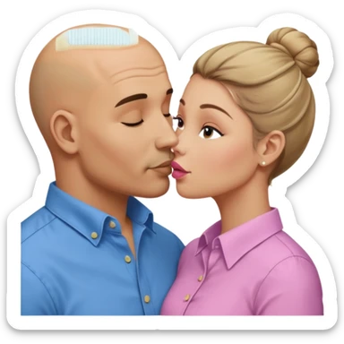 Mid aged Hispanic bald man kissing mid aged dark blonde white woman. She’s wearing a bun. He’s wearing a button down shirt. sticker