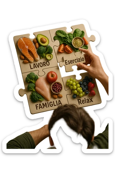 realistica cinematic photo a person is surrounded by puzzle pieces, each representing a different aspect of their life (Lavoro, Esercizio, Famiglia, Relax), and healthy foods are integrated into each piece. The person assembles the puzzle, creating a complete, personalized nutrition plan. The mood is uplifting and creative. in italiano sticker
