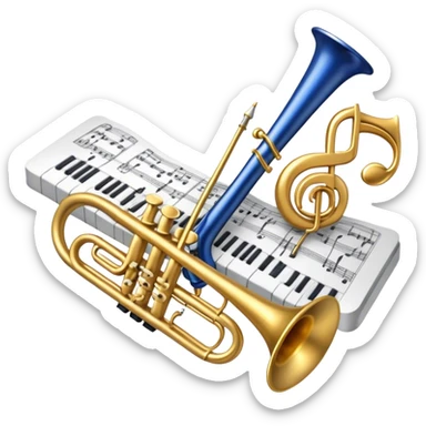 Create an elegant and refined emoji that represents orchestration and arrangement. The design should feature a musical score or sheet music with various orchestral instruments like a violin, a trumpet, and a grand piano subtly integrated into the composition. Add a conductor's baton, symbolizing the guiding hand of orchestration, and flowing musical notes that move between the instruments. Use rich, classic colors like gold, silver, and deep blue to evoke the sophistication of orchestral music. The background should be transparent, with a touch of intricate details to represent the complexity of orchestration. sticker