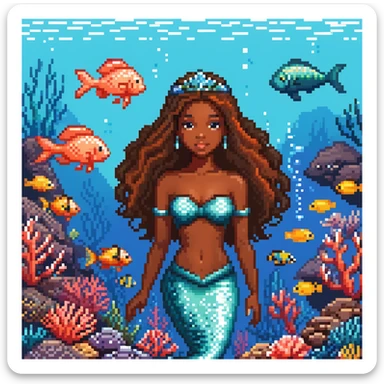 Dark brown skin beautiful mermaid princess in ocean setting with coral reef and fish sticker
