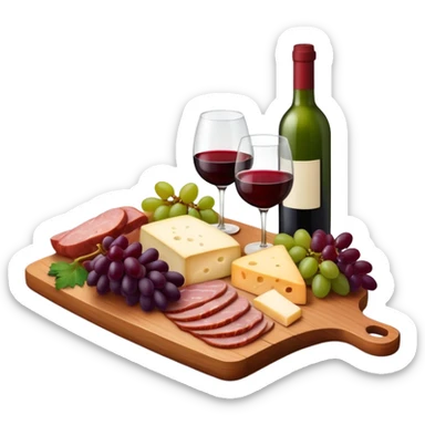 Wooden charcuterie board with meats, cheese, grapes, wine glass filled with red wine, and green wine bottle, cozy rich aesthetic sticker