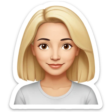 Puerto Rican actress Linette Torres in her 50s with warm light skin, sweet loving expression, gentle kind eyes, well-defined eyebrows, straight nose, warm nurturing smile, shoulder-length blonde hair, wearing a comfortable casual t-shirt sticker