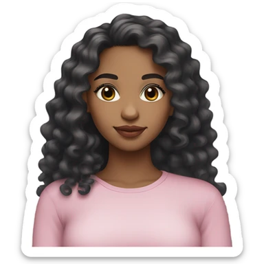 A mixed girl with long black wavy-curly hair, brown eyes, long lashes, noticeable blush, pink lips, and a tight grey long-sleeve top. sticker