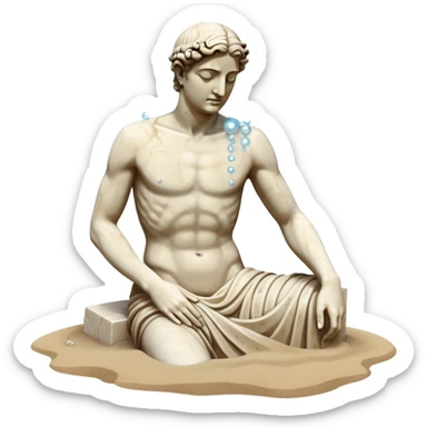 Sunken ancient Greek statue partially buried in sand, underwater with bubbles, partial head and torso of classical statue sticker
