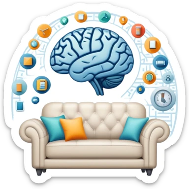 An icon featuring a brain, a couch, and a psychological test, symbolizing the study of psychology. The design includes abstract patterns representing the mind, with a calm, therapeutic setting in the background. Transparent background highlights the exploration of human behavior and mental health. sticker