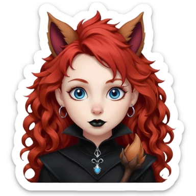  long curly red hair (darker), red pointed ears with black trim, black goth outfits, body and face human, blue eyes, more pointy chin, black lipstick, one big fluffy red squirrel tail with black tips, like the attached photo with more outfits and poses,  sticker