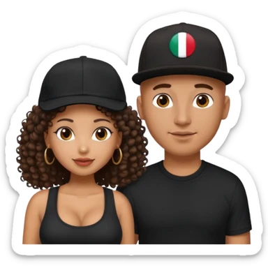 A picture of a loving tanned couple. the guy is Mexican, with a bald hair cut and he has a SnapBack hat on. The girl is mixed, the girl is wearing a black shirt, the girl has brown curly big hair and the girl has big boobs  sticker