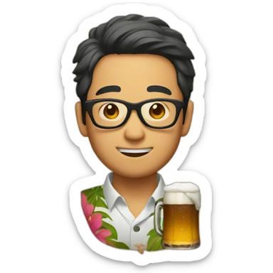 Japanese wearing glasses alohashirt is holding beer sticker