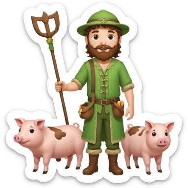 happy young shepard with long curly brown beard and long curly brown hair, in green magical outfit, with wooden shepard stick in hand, taking care of pigs sticker